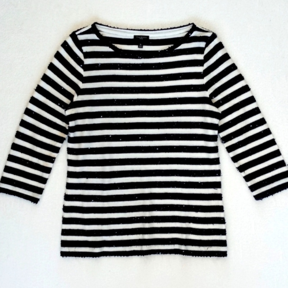 Talbots Women's Rayon Blend Blue & White Striped Sequins Sweater 3/4 Sleeve S/P